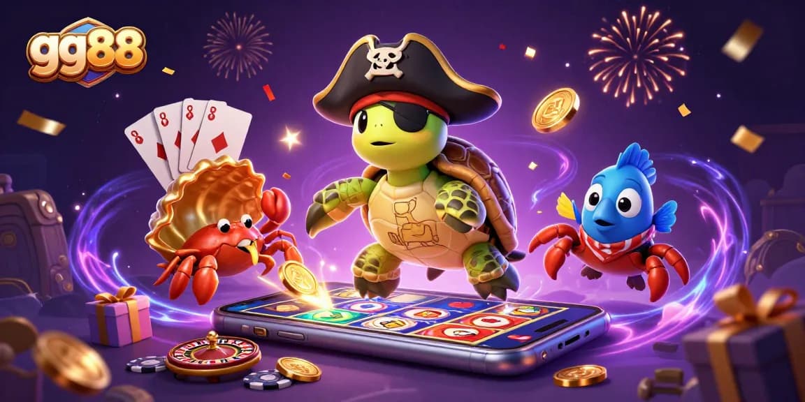 Engage in gaming excitement with gg88 featuring unique characters amidst vibrant casino elements.
