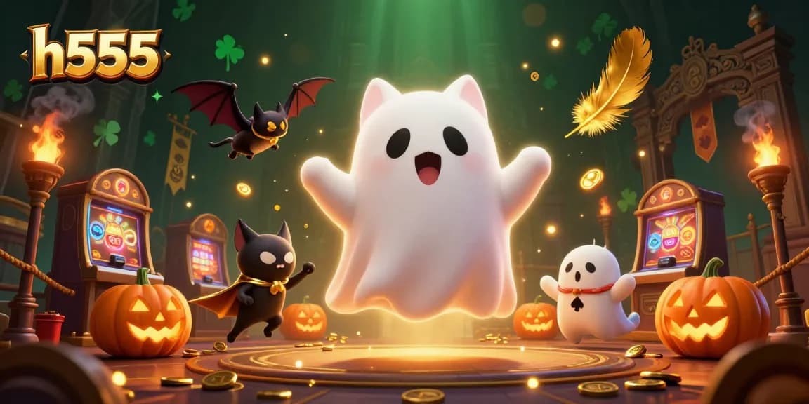 Engage with the h555 gaming experience in a vibrant haunted casino scene featuring a ghost cat and a bat.