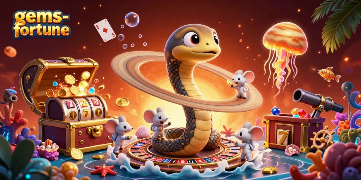 Engage in fun gameplay with gems-fortune, featuring a vibrant casino scene with themed characters and elements.