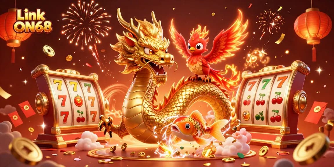 Experience the excitement of Link ON68 with a stunning casino-themed illustration featuring a dragon, phoenix, and koi fish.