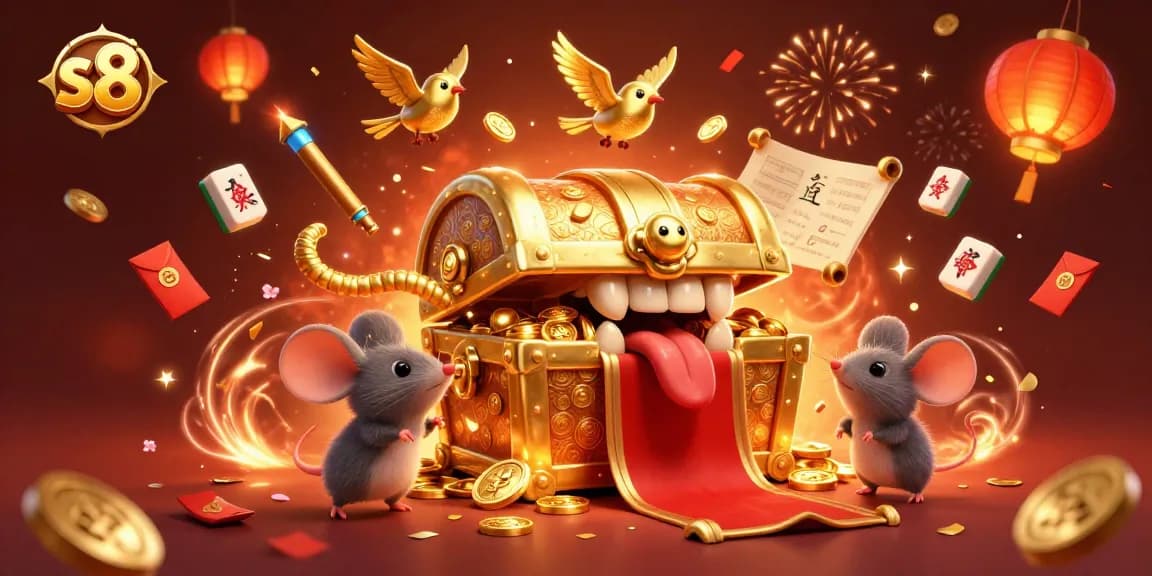 Engage in thrilling adventures at S8, featuring a treasure chest and gold treasures in a lively 3D casino scene.