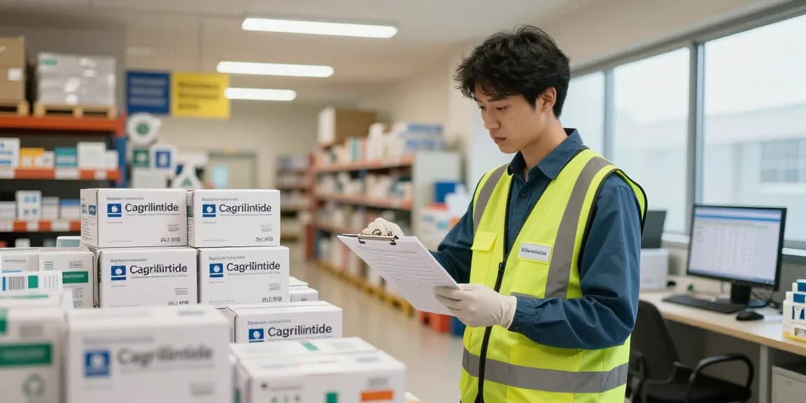 Top-rated cagrilintide suppliers featured in a healthcare warehouse with organized medical inventory.