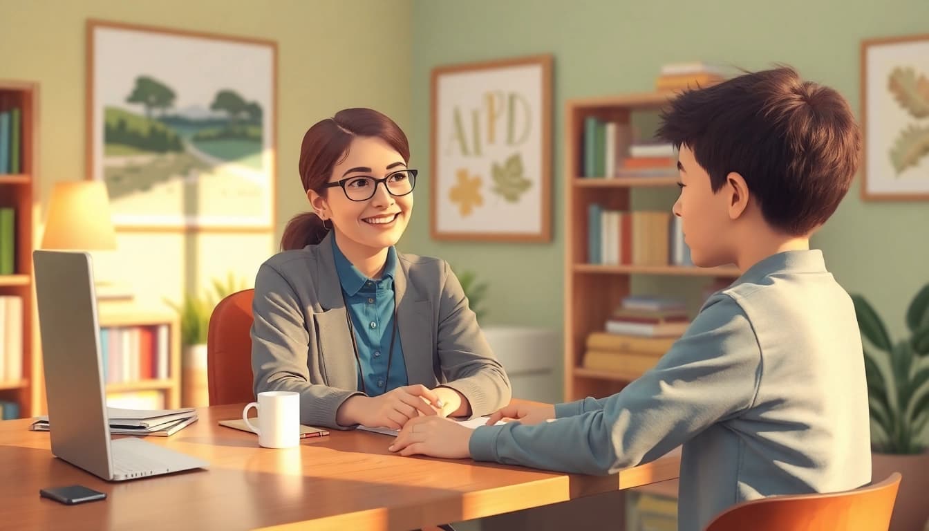 ADHD Therapist providing a supportive environment for a young client in a cozy office setting.