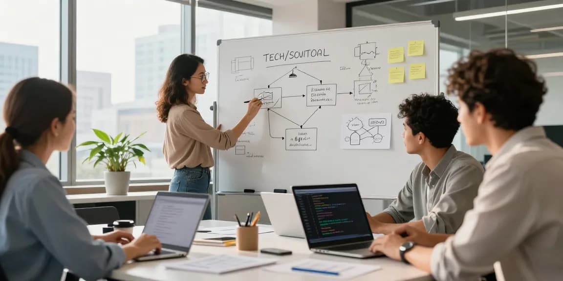 Team collaborating to build internal tools with AI in a bright modern workspace.