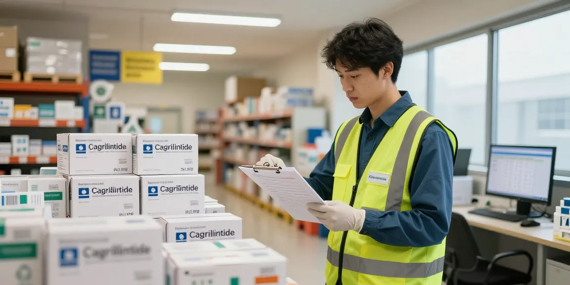 Top-rated cagrilintide suppliers featured in a healthcare warehouse with organized medical inventory.