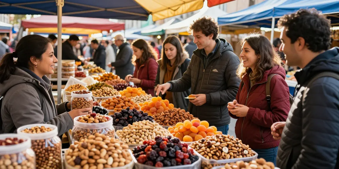 M98 สล็อตเว็บตรงไม่ผ่านเอเย่นต์ vendor showcasing fresh nuts and dried fruits in a lively outdoor market setting.