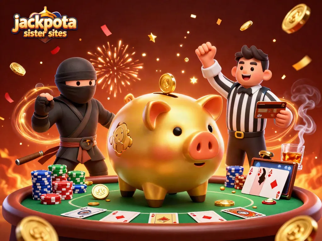 Experience excitement at jackpota sister sites with an animated scene featuring a golden piggy bank sumo wrestler!