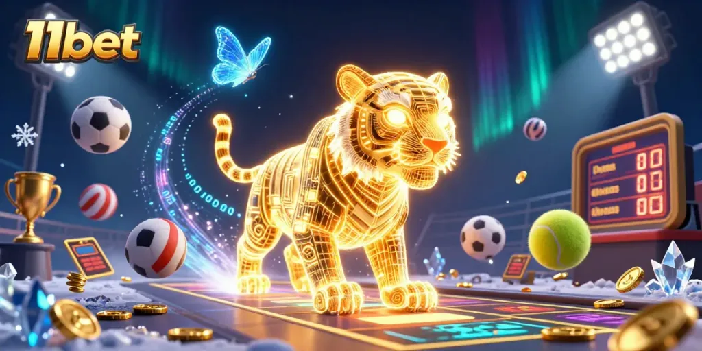 Join the excitement of 11bet with vibrant casino elements and energetic characters in a unique digital art style.