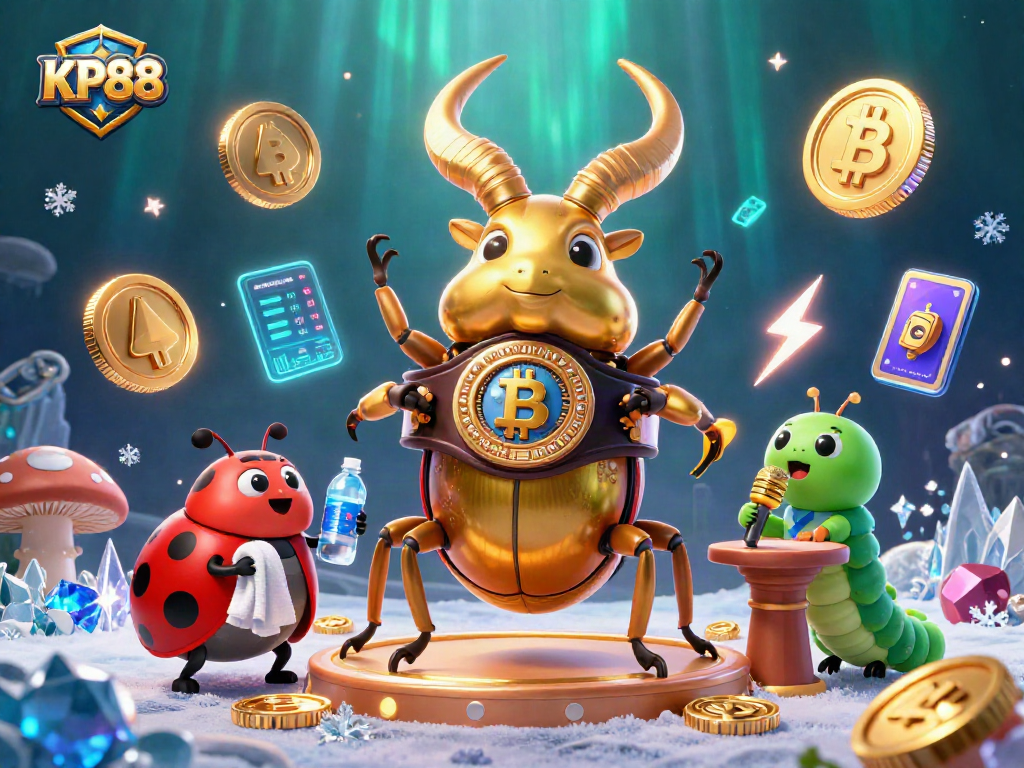 Engage with KP88 through a vibrant 3D illustration of a boxing beetle in a crypto casino setting.