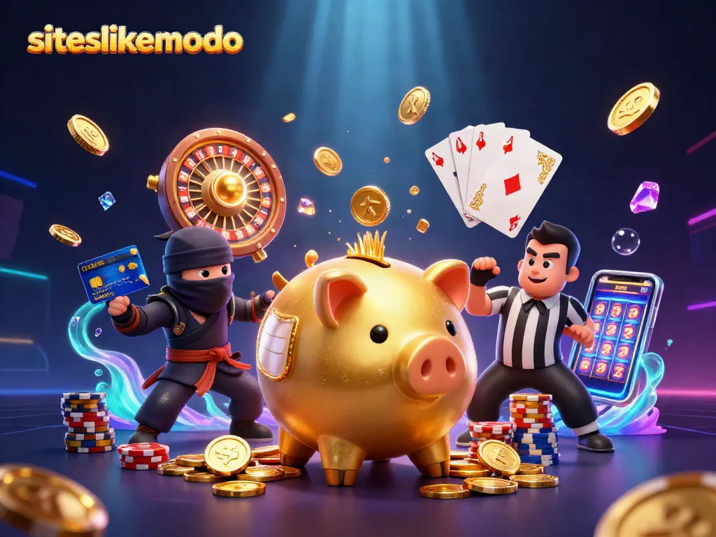Engage players with siteslikemodo's animated scene featuring vibrant casino characters and dynamic gaming elements.