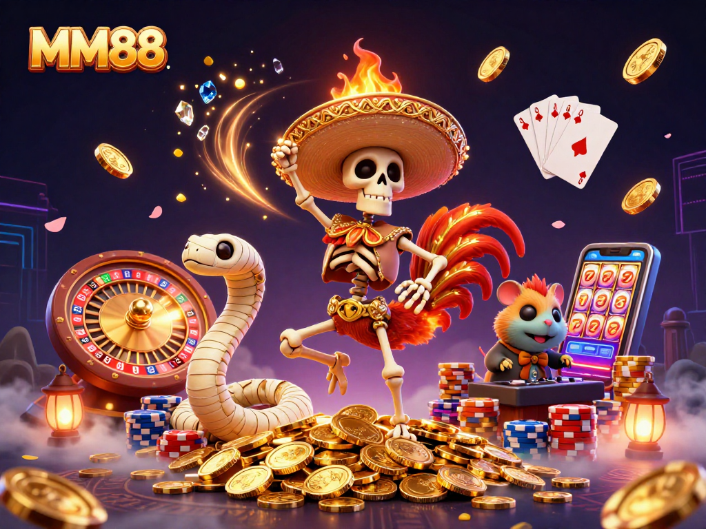 MM88 offers an exciting experience with vibrant casino elements like golden coins and games.