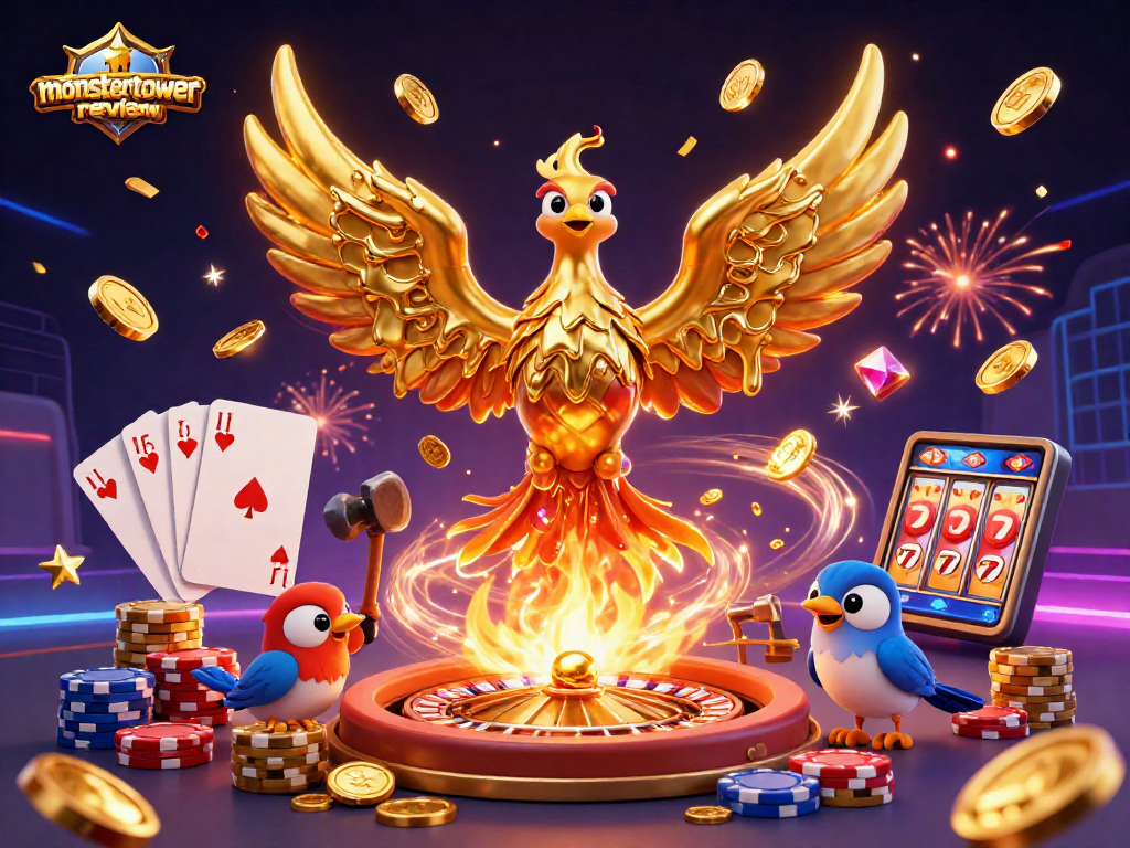 Win big at monstertowerreview with dynamic casino elements and gold coins cascading around.