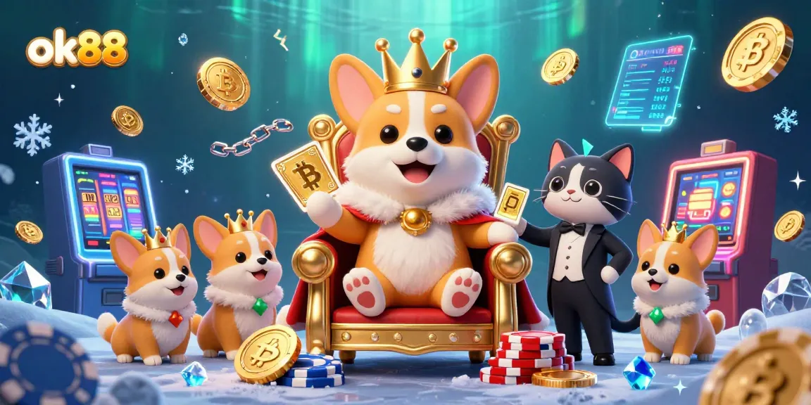 Experience excitement at ok88 with a royal corgi on a poker chip throne and crypto-themed game elements.