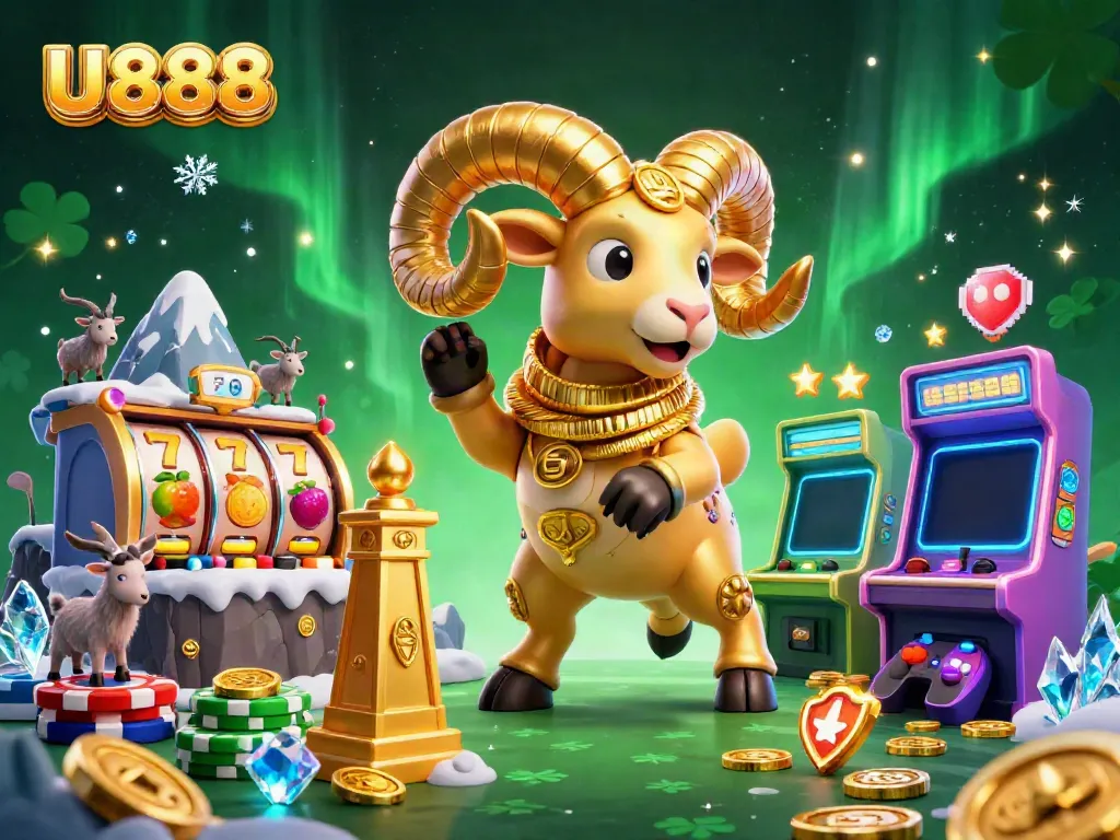 U888 showcases a golden ram charging through a casino-themed scene filled with vibrant slot elements.