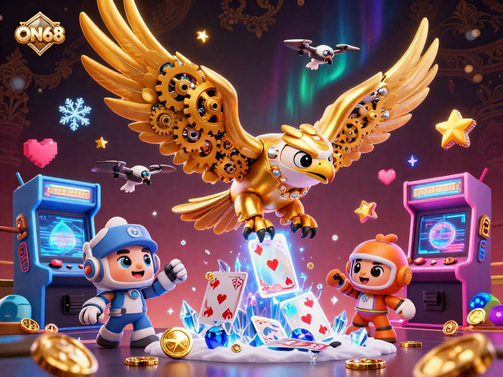 Experience thrilling gameplay at ON68 with a cybernetic eagle soaring through a vibrant casino-themed world.