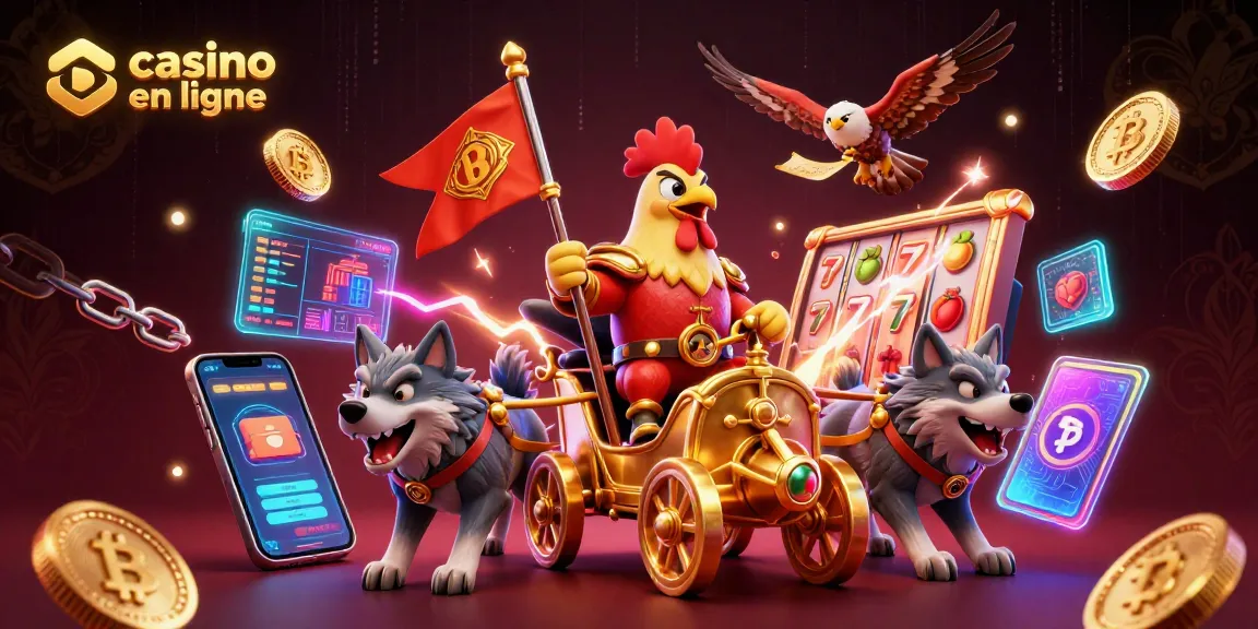 Le casino en ligne prend vie avec un seigneur coq en chariot doré, des éléments de jeu numériques et des pièces de crypto.