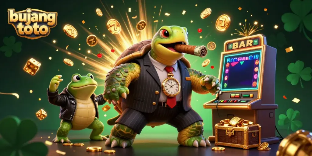 Engaging 3D illustration of bujang toto featuring a snapping turtle in a mobster suit and bullfrog enforcers amidst casino elements and slot machine.