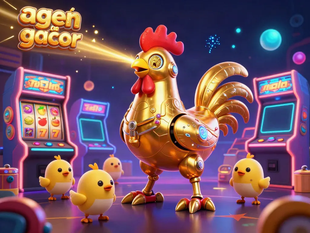 Experience winning with agen slot gacor featuring a dynamic rooster robot and baby chick drones in a vibrant casino setting.