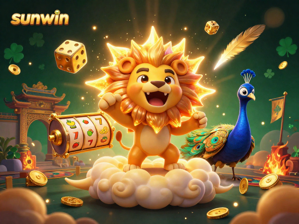 Sunwin illustrates thrilling gaming action with a majestic sun lion and dynamic slot elements for an engaging experience.