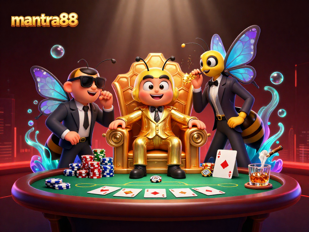 Engage with mantra88's vibrant poker scene showcasing a bumblebee mob boss and colorful chips.