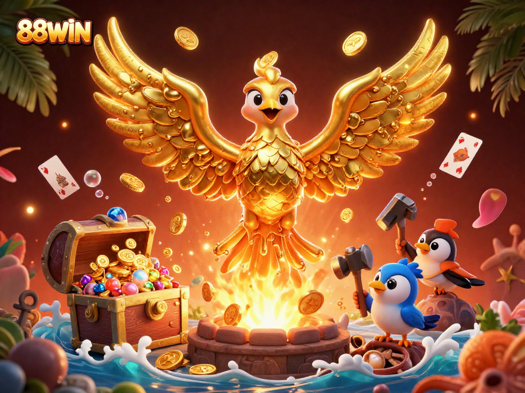 Experience the thrill of winning with 88WIN's molten golden phoenix amidst treasures and vibrant casino elements.