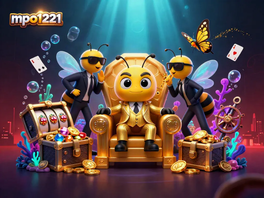 MPO1221 showcases an extravagant 3D cartoon casino scene with a bumblebee mob boss and exciting game elements.