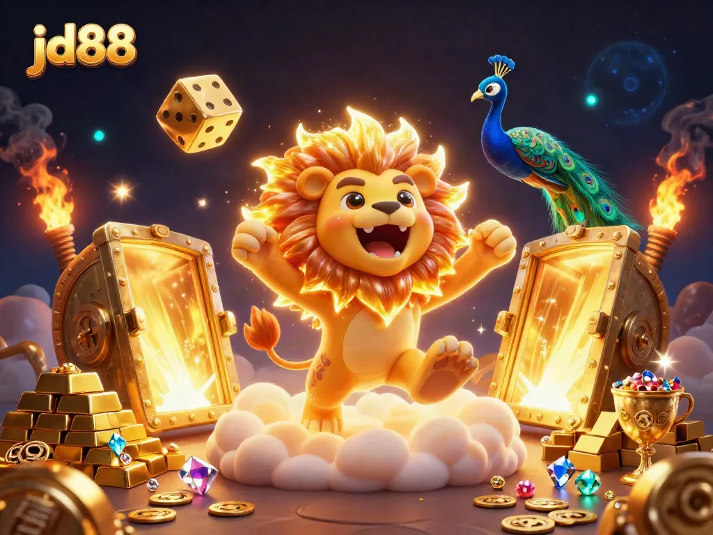 Experience thrill and excitement at jd88 with the roaring golden lion and treasure elements in a casino-inspired scene.