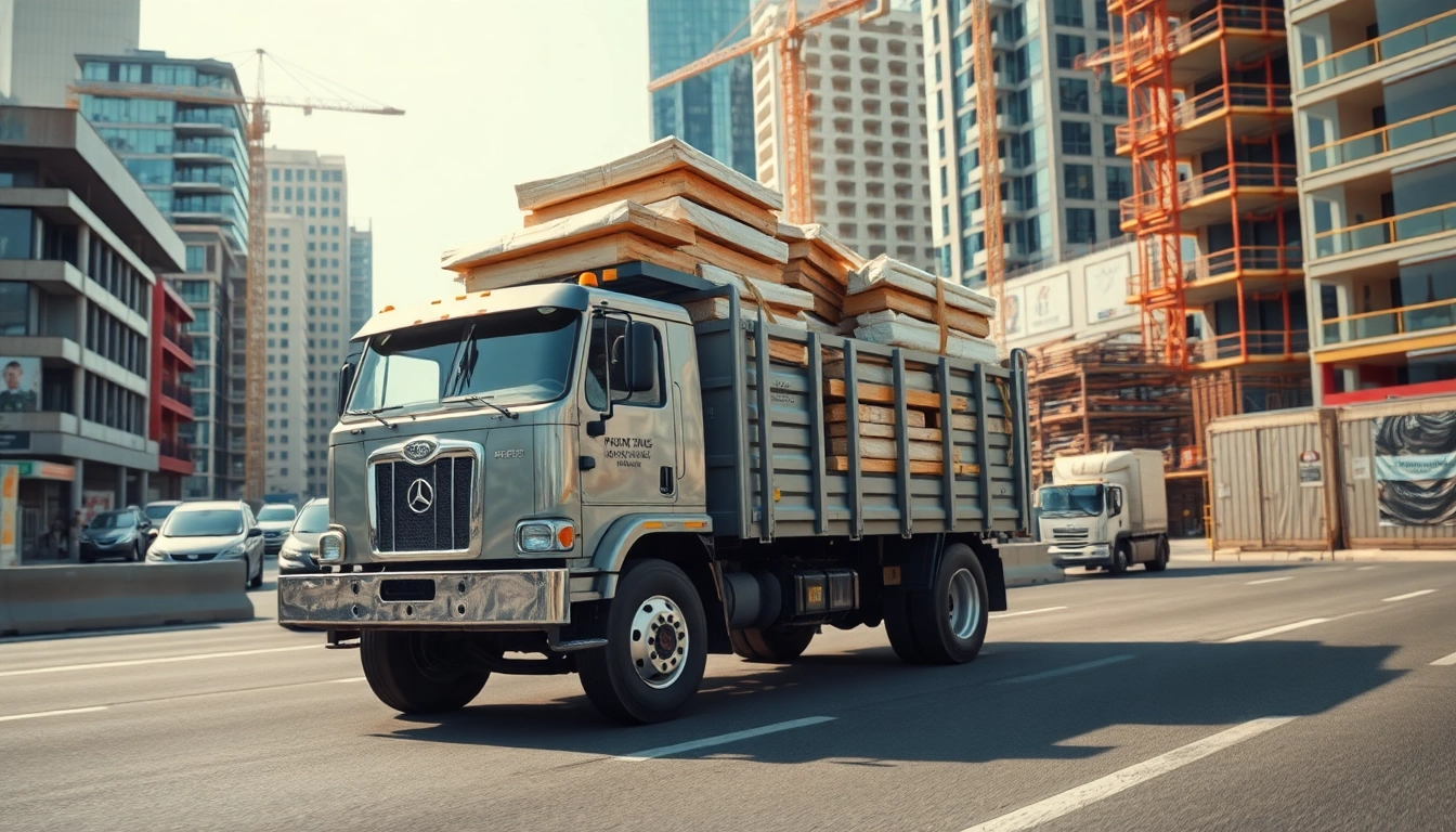 Hauling truck transporting construction materials in a busy urban setting.