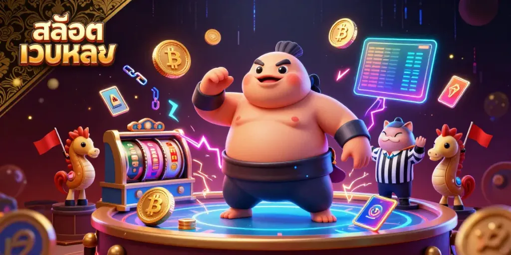 Experience engaging gameplay with สล็อตเว็บตรง in an underwater casino setting with vibrant characters and dynamic crypto elements.