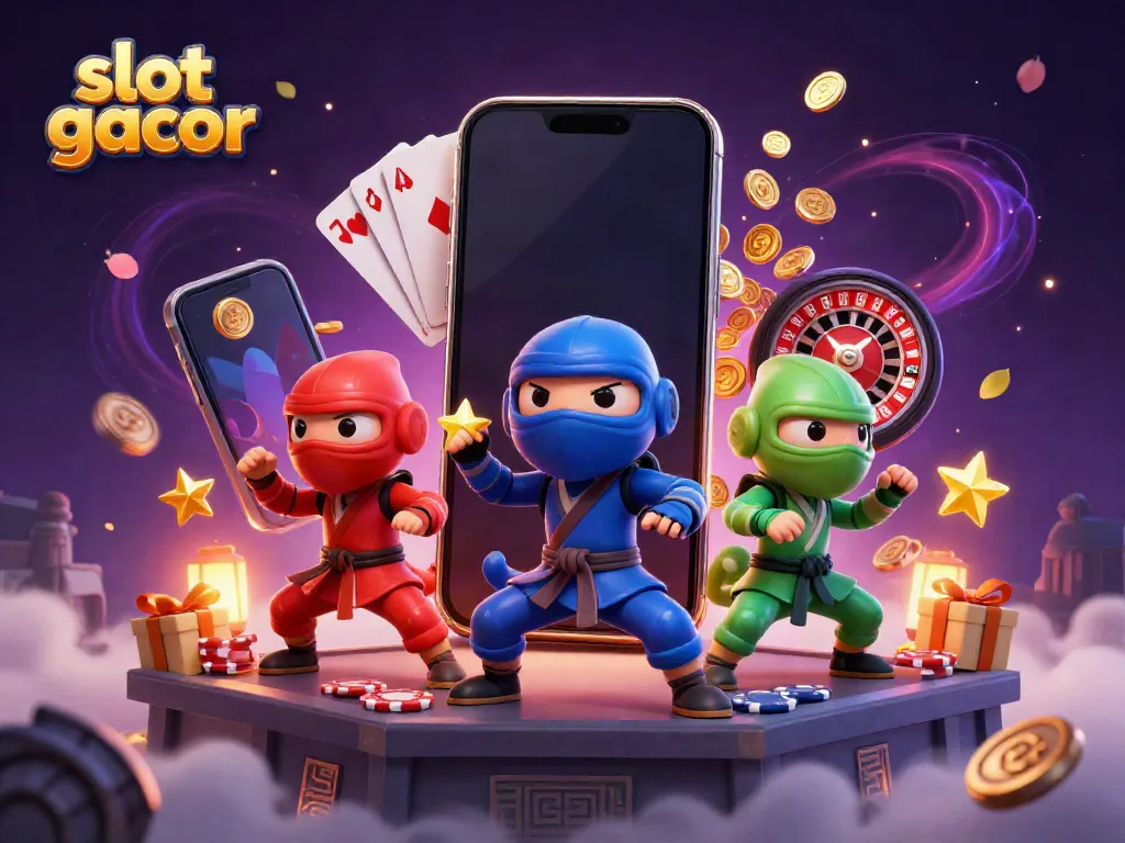 Engage in thrilling slot gacor gameplay with a colorful scene featuring dynamic ninja chameleons and vibrant slot game elements.