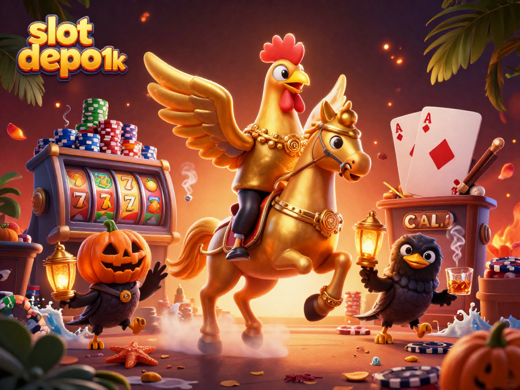 Play exciting slot depo 1k games with colorful characters and vibrant casino elements featured in this dynamic illustration.