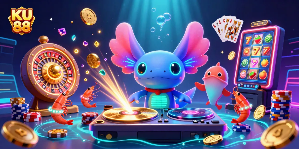 Spinning reels and vibrant scenes featuring KU 88's exciting underwater casino experience.