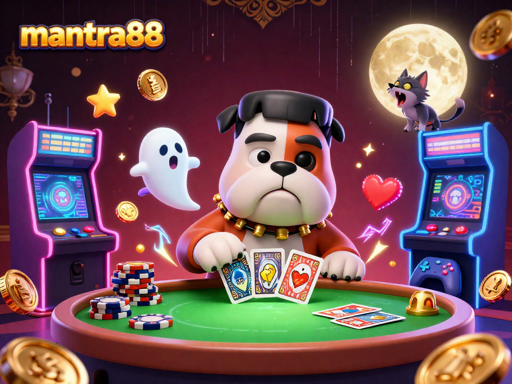 Engage with mantra88 at a lively casino scene featuring a cartoon bulldog dealer and playful spirits.