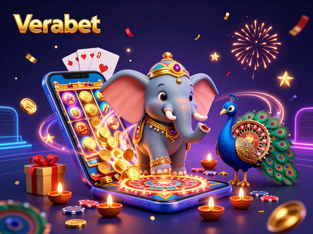Experience the thrill of Verabet's dynamic gaming with a colorful, celebratory scene featuring casino elements.