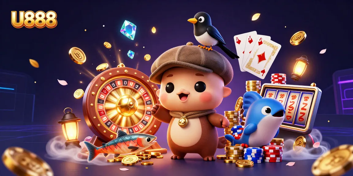 Spin and win with U888 amid golden coins and playful characters in an exciting casino scene.
