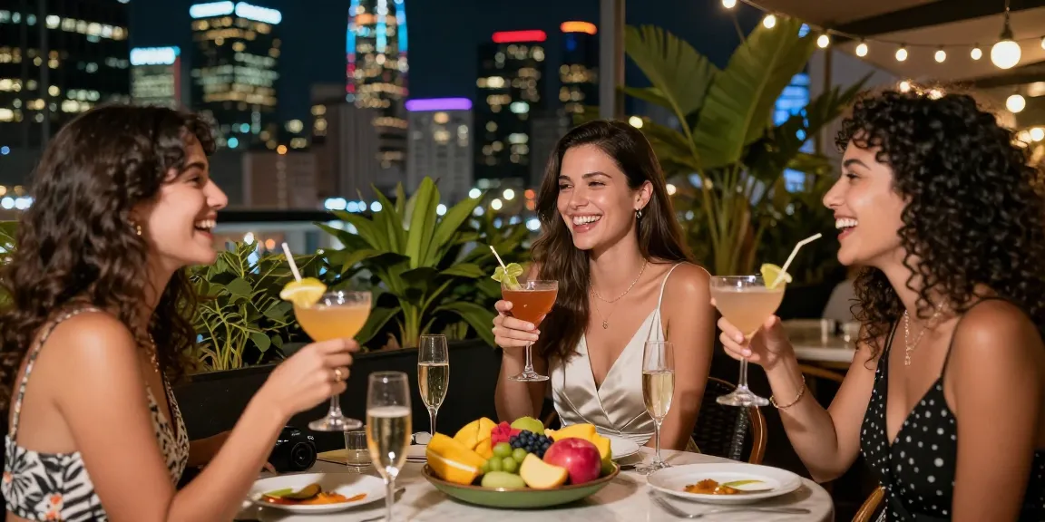 Gái gọi thưởng thức cocktail cùng bạn bè tại một buổi tiệc tối ngoài trời.