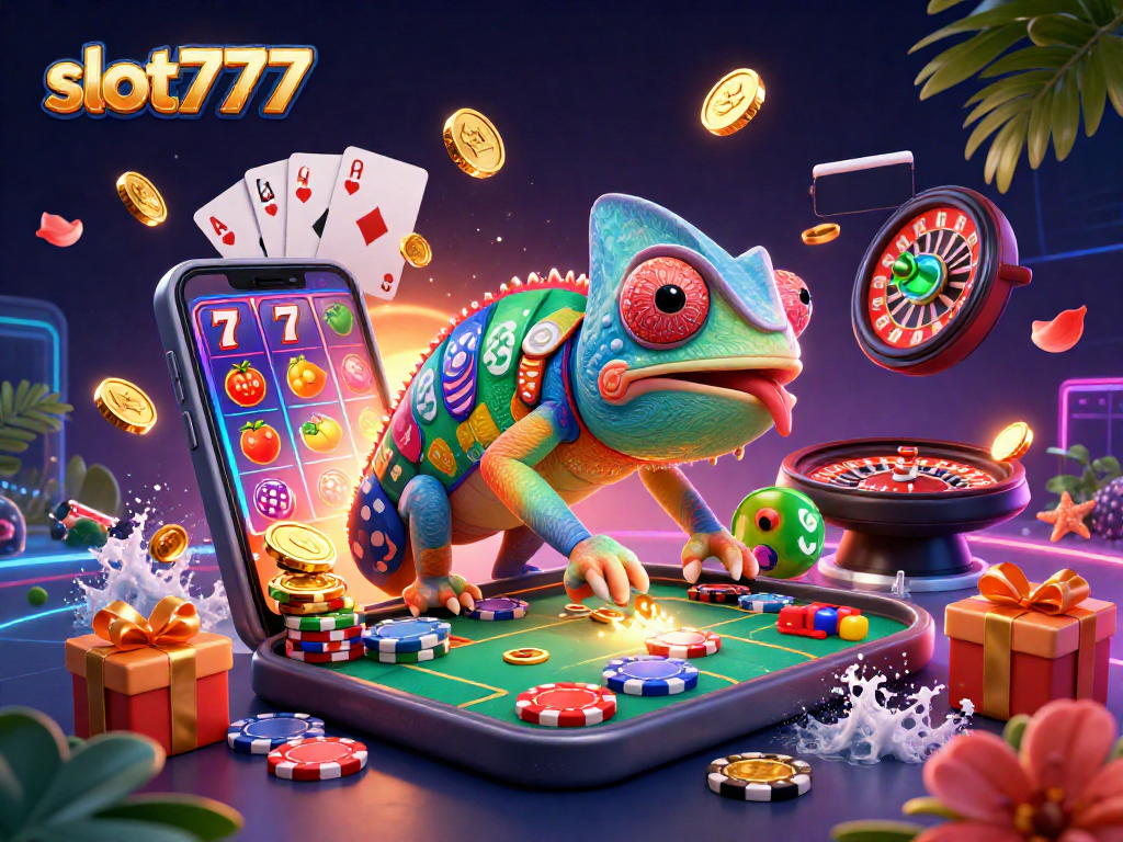 Win big at slot777 with vibrant 3D illustration of colorful casino elements.