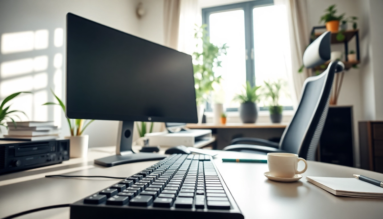 pc ανακαινισμένο σε σύγχρονο οικιακό γραφείο με φωτεινή ατμόσφαιρα