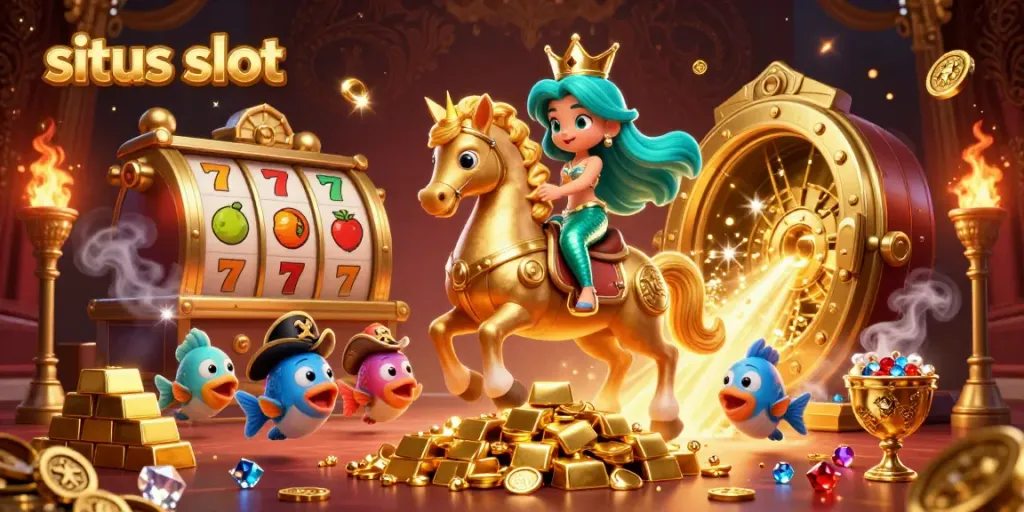 Visualisasi putri duyung dan kuda laut dalam dunia situs slot yang kaya dengan emas dan permata.