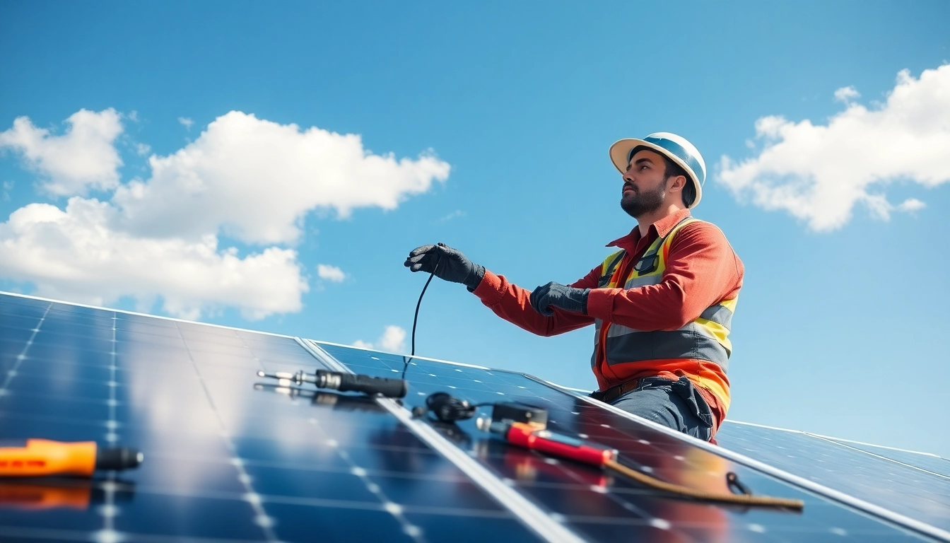 Technician engaged in emergency solar panel repair using tools and equipment.