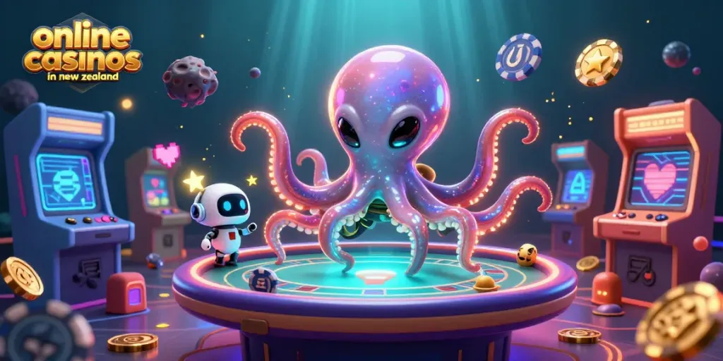 Engage with thrilling games at online casinos in New Zealand featuring vibrant casino elements and action-packed scenes.