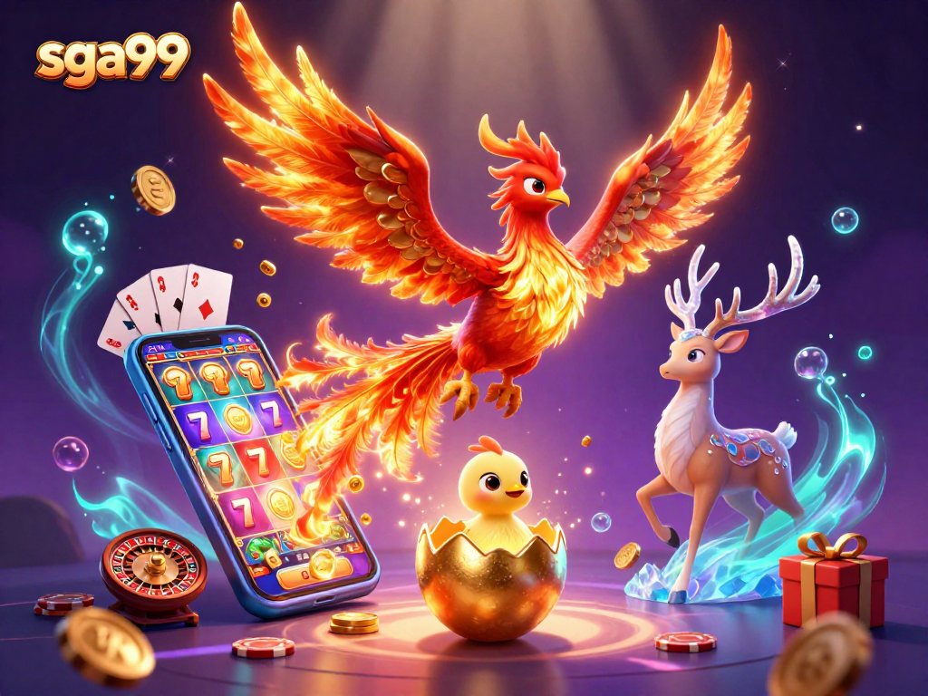 Experience thrilling gameplay at sga99 with cartoon phoenix, vibrant slot games, and mystical elements.