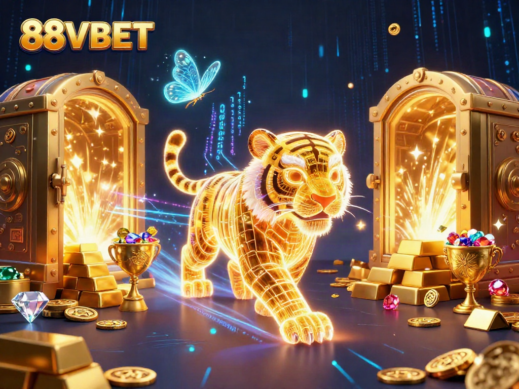 Experience the thrill of 88VBET with a neon tiger in a dazzling casino full of treasures.