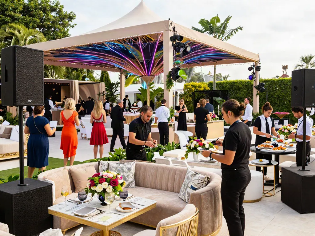 Event rentals for luxury gatherings with elegant lounge seating and marquee setup.