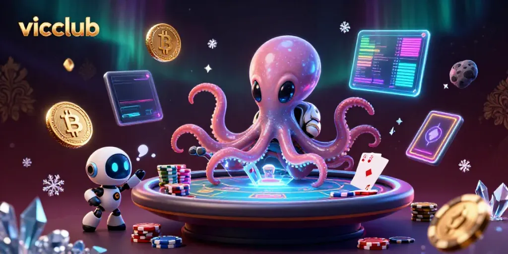Experience thrilling poker action with vicclub's vibrant 3D alien octopus at a cosmic poker table.