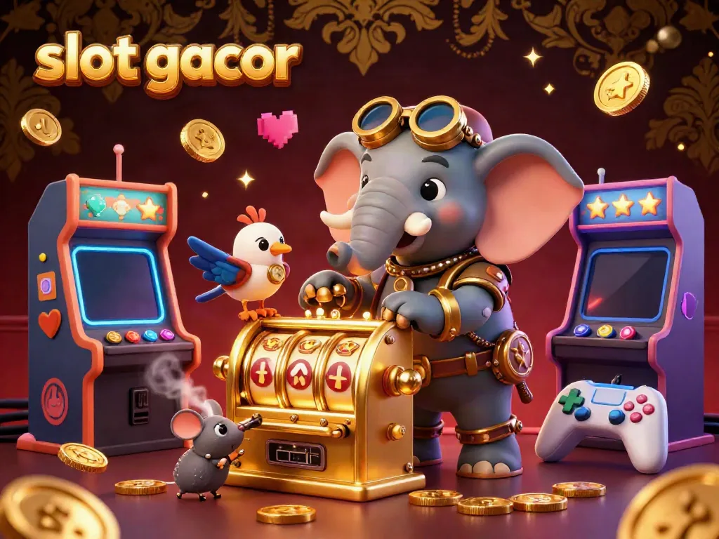 Experience slot gacor with a dynamic scene featuring steampunk characters operating a golden slot machine amidst vibrant arcade elements.