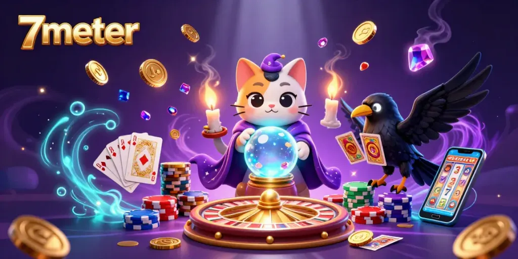 Experience thrilling betting action with 7meter featuring animated mystical characters, vibrant casino elements, and rich colors.