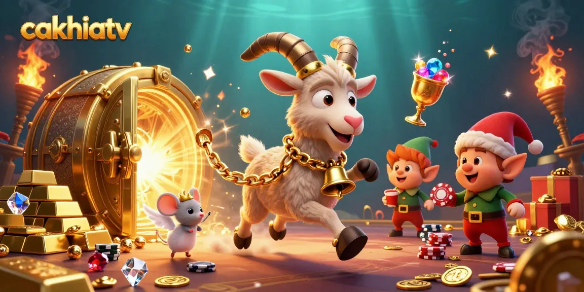 Cakhiatv showcases a festive casino scene with Krampus and playful characters amidst a gold treasure bonanza.