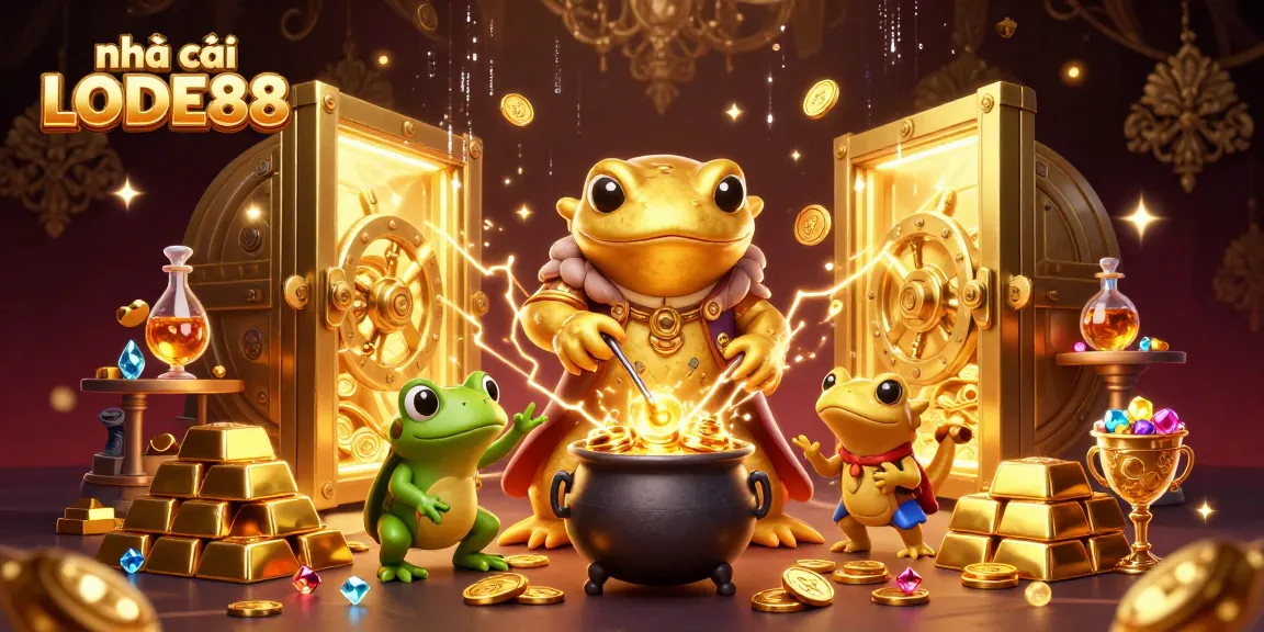 Bet on nhà cái LODE88 with a vibrant scene featuring gold coins, treasure vaults, and alchemical magic.