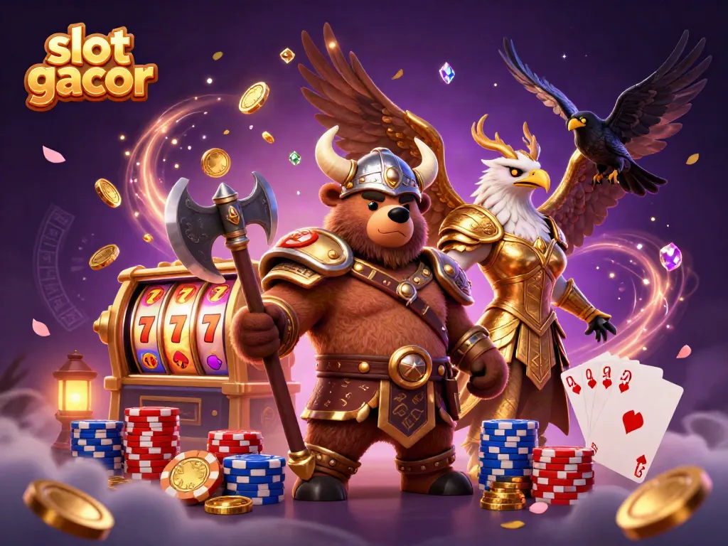 Experience the thrill of slot gacor with a Viking berserker, Valkyrie, and casino elements in a dynamic digital scene.